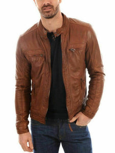 Noora Lambskin Mens Leather Jacket Tan Brown | Glossy Brown Motorcycle Jacket | Classical Western Jacket YK094