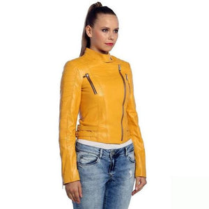 NOORA NEW Women's 100% Genuine Soft Lambskin Leather Turmeric yellow Colour Motor Biker Slim Fit Leather ST0214