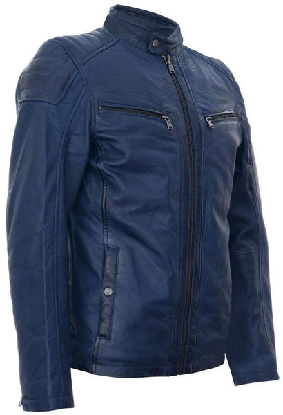 NOORA New Real Leather Mens Navy Blue Leather Jacket Retro Vintage Quilted Retro Racing Zipped Biker