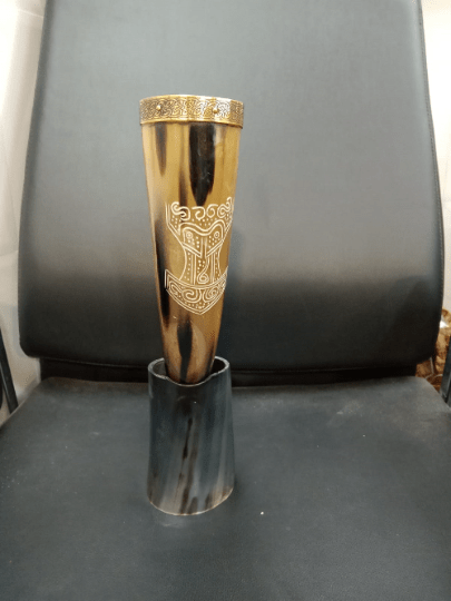 COMBO PACK Of Handcrafted 6 Inch Horn Beer Mug & 12 Inch Large Viking Drinking Horn with Horn Stand for Beer Lovers, Goblet Natural Wine| 100% Leak Free YK01 - Noora International