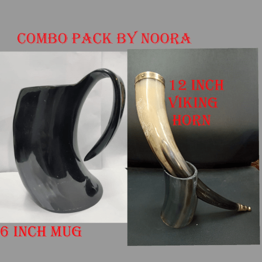 COMBO PACK Of Handcrafted 6 Inch Horn Beer Mug & 12 Inch Large Viking Drinking Horn with Horn Stand for Beer Lovers, Goblet Natural Wine| 100% Leak Free YK01 - Noora International