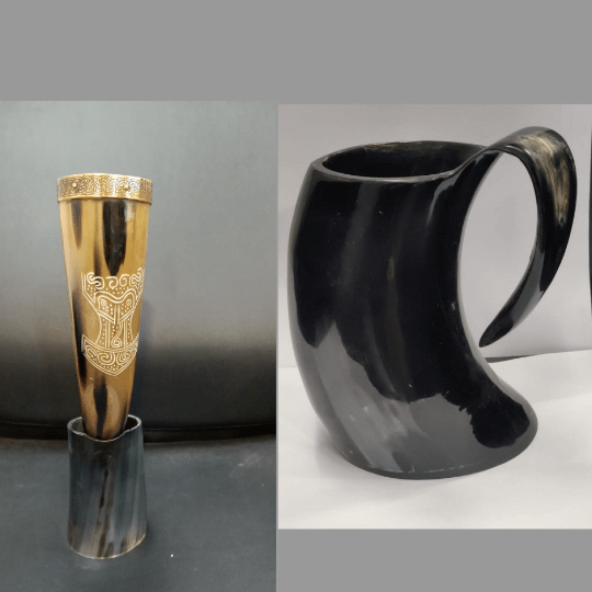 COMBO PACK Of Handcrafted 6 Inch Horn Beer Mug & 12 Inch Large Viking Drinking Horn with Horn Stand for Beer Lovers, Goblet Natural Wine| 100% Leak Free YK01 - Noora International