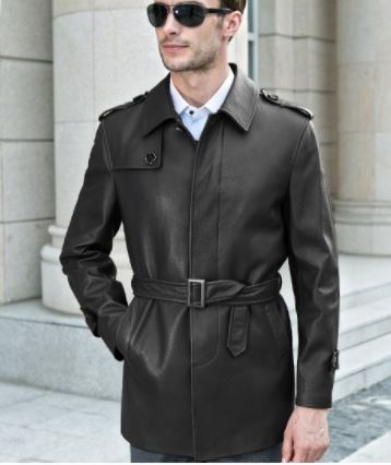 Noora Mens Lambskin Shiny Black Leather Trench Coat, Belted Leather Trench Coat With Snap Closure YK0251