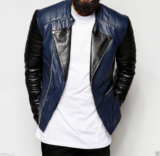 Noora New Mens Lambskin Leather Casual Color Block Black & Navy Blue Combination Quilted Leather Jacket With Zipper & Pocket SU078