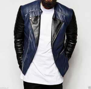 Noora New Mens Lambskin Leather Casual Color Block Black & Navy Blue Combination Quilted Leather Jacket With Zipper & Pocket SU078