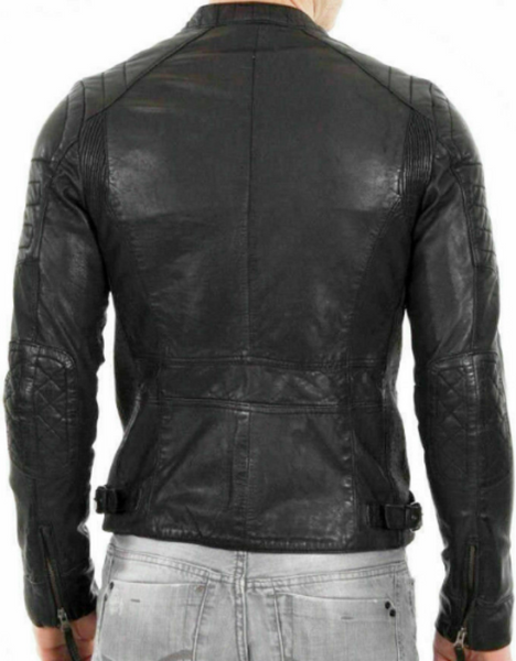 NOORA Lambskin Leather Men's Handmade Café Racer Riding Slim Fit Black Biker Leather Jacket |  Black Solid Biker jacket With Zipper SU0563