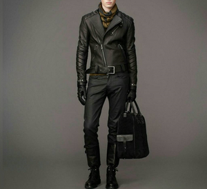 Noora New Men Black 100% Lambskin Leather Quilted Biker Racer Jacket With Zipper Pocket Designer Black Belted Leather Jacket SU0745