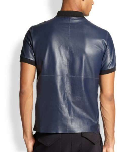 NOORA Classic Men's Blue Lambskin Leather T- Shirt with Rib Collar |GYM Leather T-shirt | Navy Blue Leather T-Shirt SU0156
