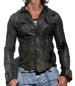 Noora New Men's 100% Lambskin Leather Black Shirt Designer  Casual Leather Shirt With Black Button SU412