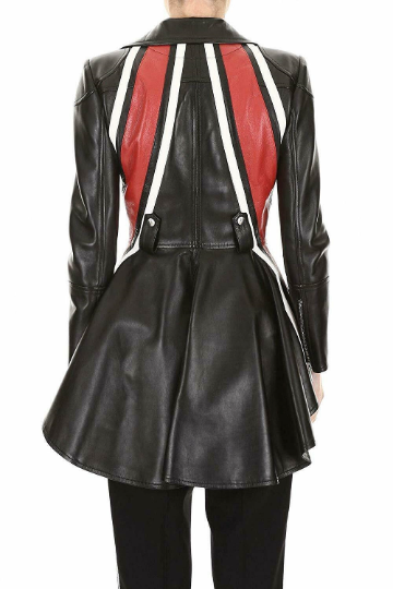 NOORA Stylish Black Lambskin Leather RED Stripped Designer Glossy Jacket Women Color Block Trench Flare Coat YK26