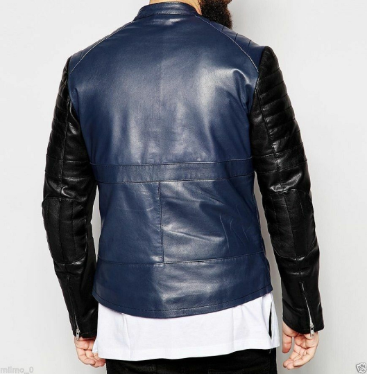 Noora New Mens Lambskin Leather Casual Color Block Black & Navy Blue Combination Quilted Leather Jacket With Zipper & Pocket SU078