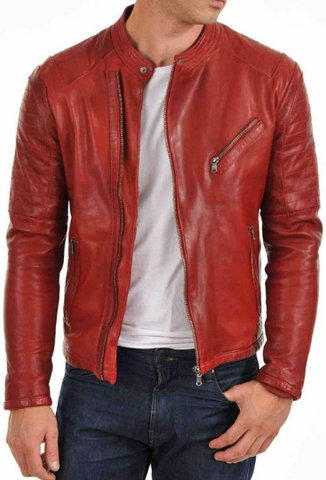 Noora New Men's 100% Lambskin  Red Leather Biker Jacket With Branded YKK Zipper| Han Solo Red Biker Leather Jacket SU067