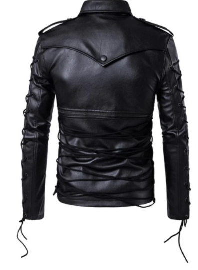 NOORA New Men's Fashion Vintage Cafe Racer Lace Up Leather Jacket Black Shiny Lambskin Leather Belted Jacket YK031