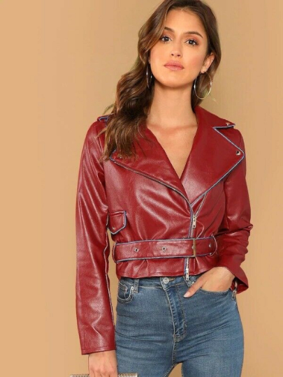 Noora New Women Lambskin Shiny Dark Red Leather Jacket, Belted Cropped Biker Jacket, Designer Cropped Jacket With Blue Piping YK060