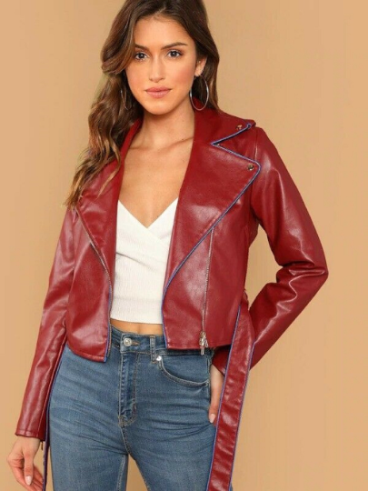 Noora New Women Lambskin Shiny Dark Red Leather Jacket, Belted Cropped Biker Jacket, Designer Cropped Jacket With Blue Piping YK060