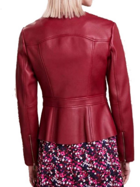 NOORA Womens Lambskin Red Leather Jacket Motorcycle Jacket, Blood Red Collarless Jacket, VALINTINE Jacket YK053