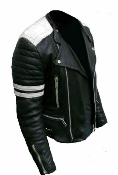 Noora Men's Lambskin Leather Black And  White Combination Quilted Biker Jacket With  Branded YKK Zipper | Black Leather Jacket SU052