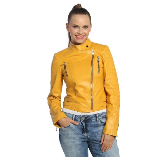 NOORA New Womens Lambskin Turmeric yellow Leather Jacket, Biker Slim Fit Quilted Designer Jacket, Glossy Jacket YK066