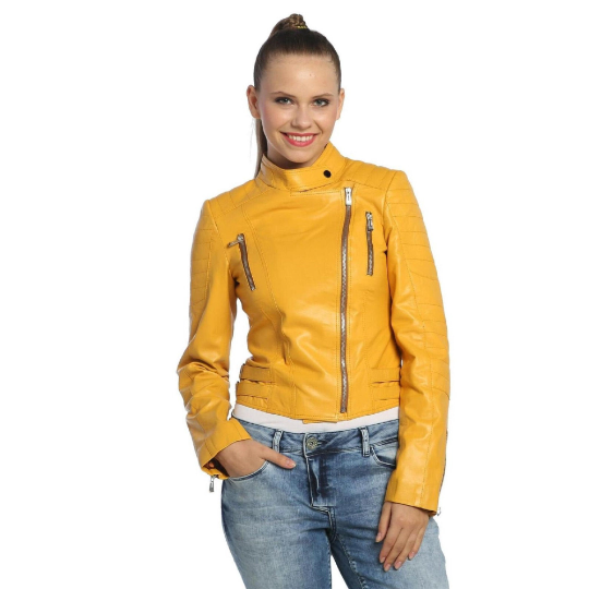 NOORA New Womens Lambskin yellow Leather Jacket, Biker Slim Fit Quilted Designer Jacket, Glossy Jacket YK066