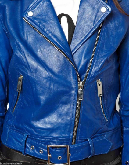 Noora New Womens Blue Lambskin Leather Jacket | Glossy Leather Jacket | Belted Modern Jacket YK051