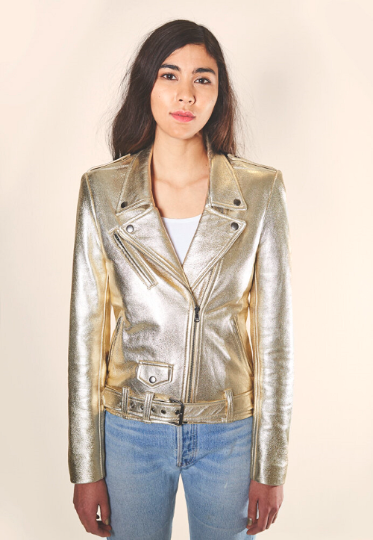 Noora Womens METALLIC GOLD Leather Jacket, PARTY Wear Jacket, Trendy Sparkle Jacket With Belted YK27