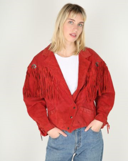 Cropped Red Fringe Jacket | Women's Biker Jacket | Noora International
