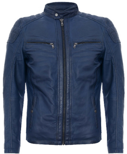 Noora Mens Lambskin Leather Blue Biker Racer Quilted Leather Jacket With YKK Zipper |  Blue Leather Jacket SU0148