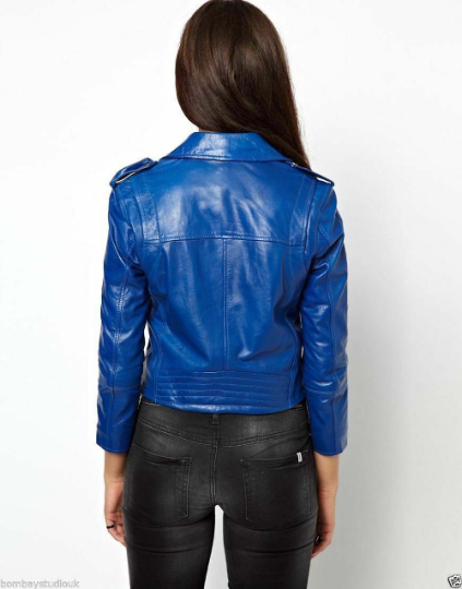 Noora New Womens Blue Lambskin Leather Jacket | Glossy Leather Jacket | Belted Modern Jacket YK051