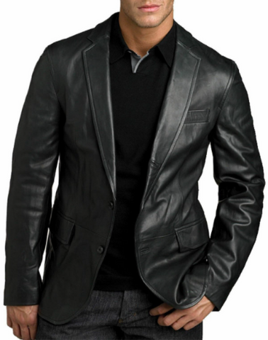 NOORA Men's Real Black Lambskin Leather Blazer Formal Meeting Wear Blazer With Two Button  & Pocket SU0123