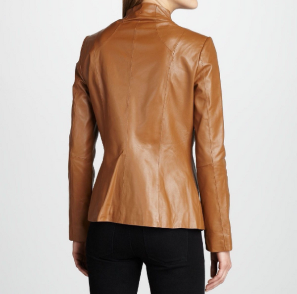 NOORA Glossy Tan Leather Biker Jacket For Women/ Lambskin Leather Jacket With Zipper YK20