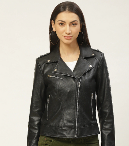 Noora New Women's 100%  Real Lambskin Leather BLACK BIKER JACKET With Zipper & Pocket YK01
