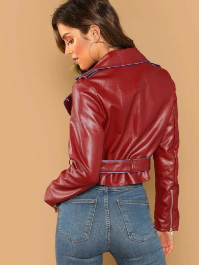 Noora New Women Lambskin Shiny Dark Red Leather Jacket, Belted Cropped Biker Jacket, Designer Cropped Jacket With Blue Piping YK060