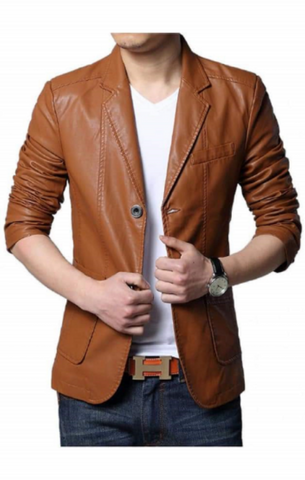 Noora Men's Lambskin Leather Tan Brown Formal Meeting Wear Blazer With Two Button Designer Office Wear Formal Blazer  SU0913