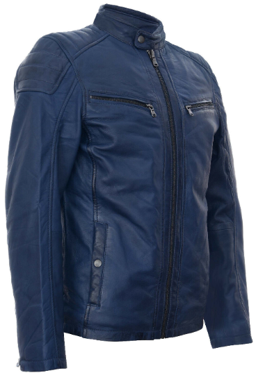 Noora Mens Lambskin Leather Blue Biker Racer Quilted Leather Jacket With YKK Zipper |  Blue Leather Jacket SU0148