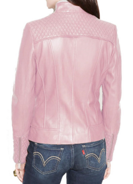NOORA New Brand Women's Baby Pink Lambskin Leather Motor biker Jacket Zipper Pocket With Chinese Collar| JS09