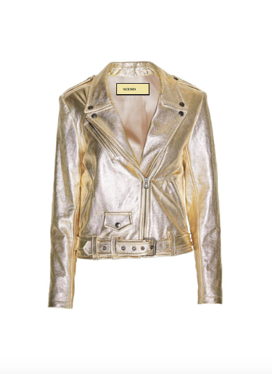 Noora Womens METALLIC GOLD Leather Jacket, PARTY Wear Jacket, Trendy Sparkle Jacket With Belted YK27