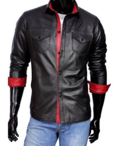 Noora Men's Lambskin Leather Black & Red Combination Leather Shirt  | Black Leather Shirt ,| Color Block Leather Shirt SU0189