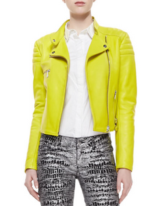 Noora Lambskin Leather Designer Women neon lemon yellow, Fluorescent green Leather Jacket  soft Lime Yellow Jacket-YK28