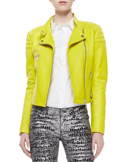 Noora Womens Lemon Yellow Biker Quilted Leather Jacket With Branded YKK Zipper SU041