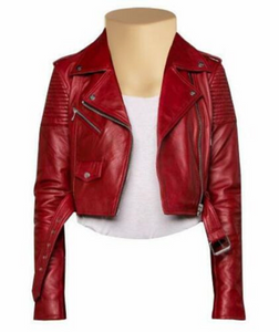 NOORA New Ladies Glossy Maroon Lambskin Long Sleeve Jacket, Rose Red Leather Cropped Jacket : YK21