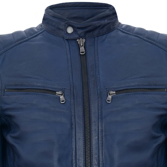 Noora Mens Lambskin Leather Blue Biker Racer Quilted Leather Jacket With YKK Zipper |  Blue Leather Jacket SU0148