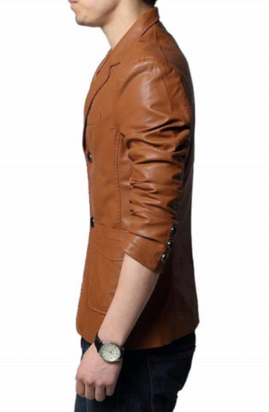 Noora Men's Lambskin Leather Tan Brown Formal Meeting Wear Blazer With Two Button Designer Office Wear Formal Blazer  SU0913