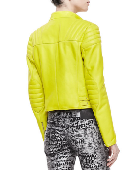 Noora Womens Lemon Yellow Biker Quilted Leather Jacket With Branded YKK Zipper SU041