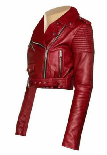 NOORA New Ladies Glossy Maroon Lambskin Long Sleeve Jacket, Rose Red Leather Cropped Jacket : YK21