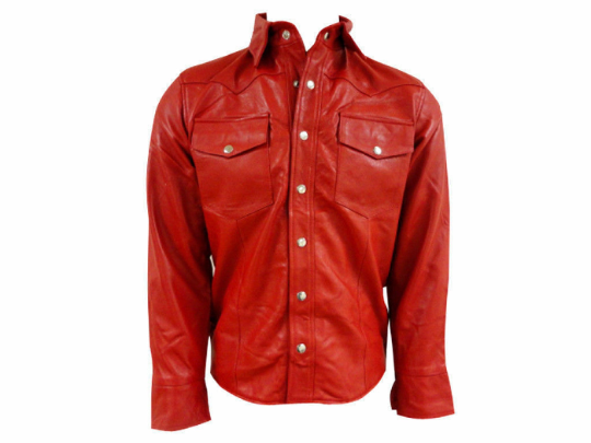 Noora New Men's 100% Lambskin Leather Red Shirt With Button Designer Biker Racer Red Shirt SU0147
