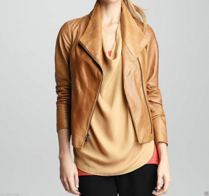 NOORA New Womens Stylish Lambaskin Camel Tan Leather Jacket | Glossy Biker Jacket YK056