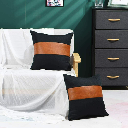 Noora 100% Real Black & Brunt Orange Lambskin leather pillow cover , Plain Square Decorative Pillow Cover YK8