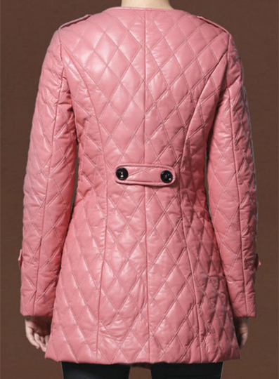Noora New Womens Real Lambskin Baby Pink Leather Coat With button, Quilted Designer Trench Collarless Coat YK061