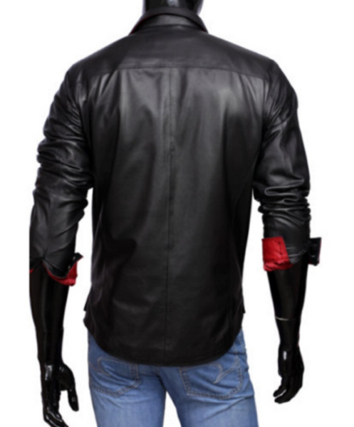 Noora Men's Lambskin Leather Black & Red Combination Leather Shirt  | Black Leather Shirt | Color Block Leather Shirt SU0189