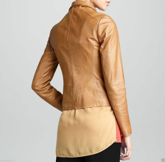 NOORA New Womens Stylish Lambaskin Camel Tan Leather Jacket | Glossy Biker Jacket YK056